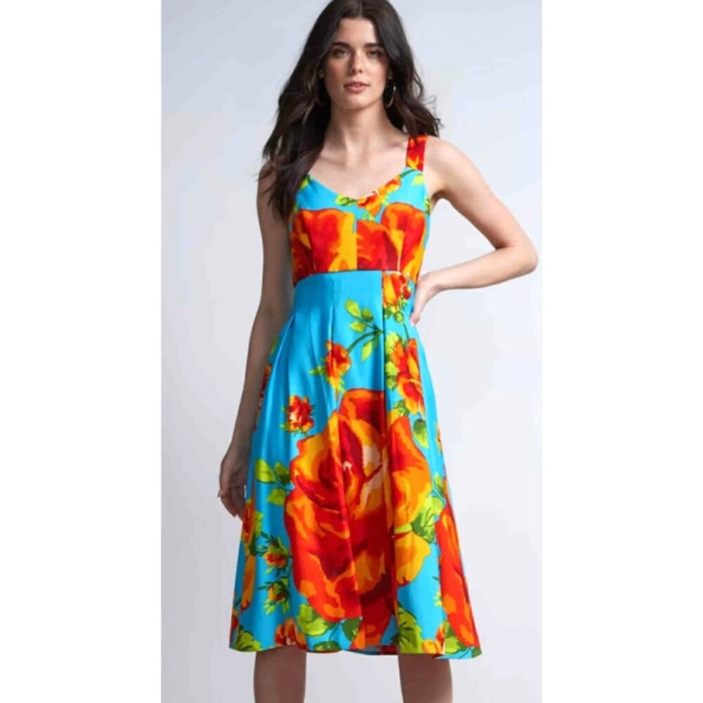 New York & Company Blue Floral Midi Dress Size‎ Small Vibrant Color Print